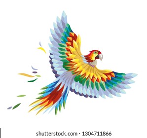 Crafted decorative vector of flying macaw with red, green, blue, yellow coloured.