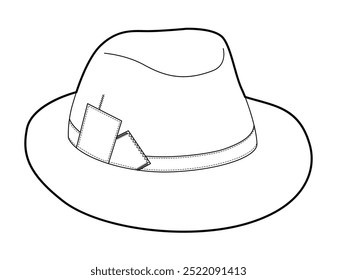 Crafted Fedora Hat. Head Fashion accessory cap with narrow brim clothing technical illustration. Vector headgear for Men, women, unisex style, flat template CAD mockup sketch outline isolated