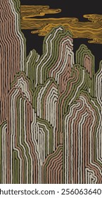 Crafted hand drawn brush line semi abstract mountains pattern, Japanese and ethnic inspired wood carving, engraving, weaving texture background, oriental style graphic for carpet, textile, fabric