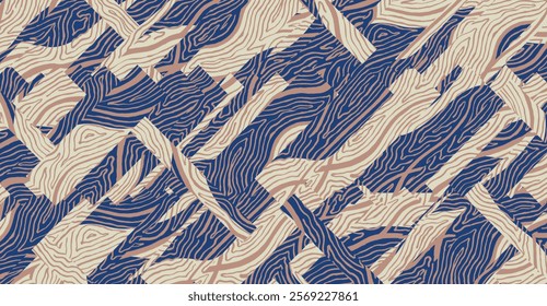 Crafted hand drawn brush line wave abstract patchwork pattern, Japanese and ethnic wood carving, engraving, basketry surface texture design, calm graphic blocks for textile, fabric, carpet,