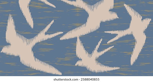 Crafted hand drawn brush line swallow birds background, Japanese and ethnic folk wood carving, engraving, block print, weaving texture surface, simple nature graphic for textile, carpet, stationary