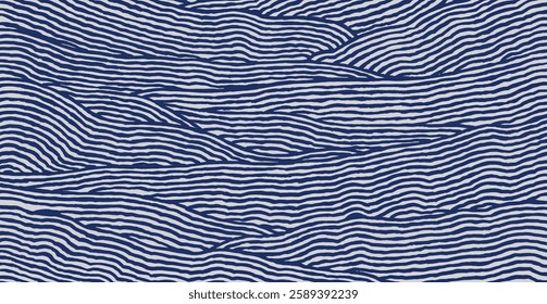 Crafted hand drawn brush line abstract wave pattern, Japanese folk and ethnic wood carving, engraving, block print textured surface background, simple graphic for textile, carpet, stationary
