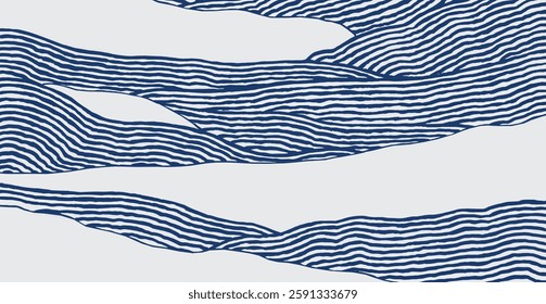 Crafted hand drawn brush line abstract wave or mountains background, Japanese and ethnic folk wood carving, engraving, weaving textured surface, simple graphic for textile, carpet, stationary