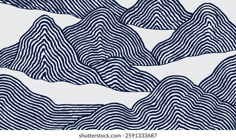 Crafted hand drawn brush line abstract wave or mountains background, Japanese and ethnic folk wood carving, engraving, weaving textured surface, simple graphic for textile, carpet, stationary