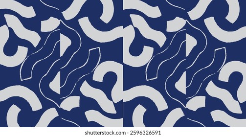 Crafted hand drawn brush line abstract pattern in indigo blue and white, Japanese and ethnic folk wood caving, block print texture surface background, simple graphic for textile, decoration