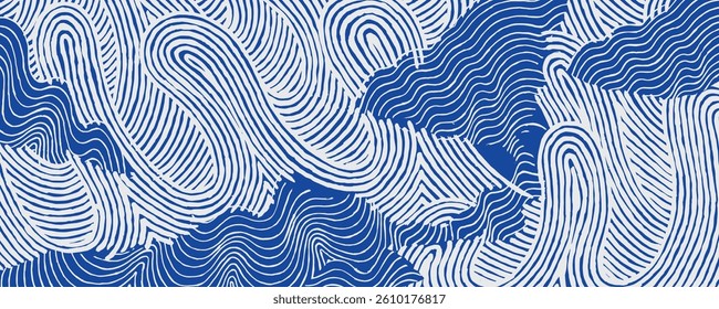 Crafted hand drawn brush line abstract collage wave and water pattern, Japanese and ethnic wood carving, weaving texture background in white and blue, experimental minimal graphic for carpet, fabric