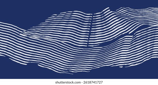 Crafted hand drawn brush line abstract minimal flowing waves and water background, Japanese and ethnic wood carving, engraving texture graphic in white and blue, for textile, carpet, decoration
