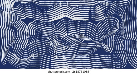 Crafted hand drawn brush line abstract rectangular spiral background in white and blue, Japanese and ethnic wood carving, engraving texture graphic for decoration, textile, carpet