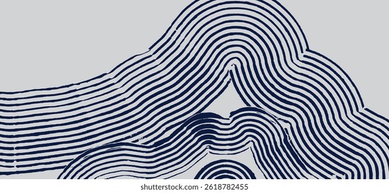 Crafted hand drawn brush line abstract minimal waves and water or mountains background, Japanese and ethnic wood carving, engraving, block print texture graphic, for textile, carpet, decoration