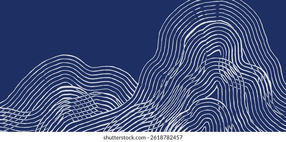 Crafted hand drawn brush line abstract minimal waves and water or mountains background, Japanese and ethnic wood carving, engraving, block print texture graphic, for textile, carpet, decoration
