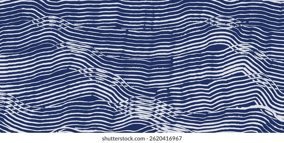 Crafted hand drawn brush line abstract water and waves background in white and blue, Japanese and ethnic wood carving, engraving, weaving texture graphic for textile, carpet, decoration