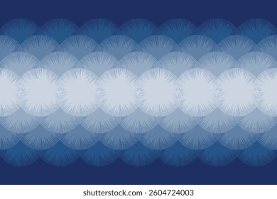 Crafted hand drawn brush lines abstract gradient circle pattern, Japanese, ethnic, ikat wood carving texture background in white and blue, simple geometric graphic for textile, carpet, decoration