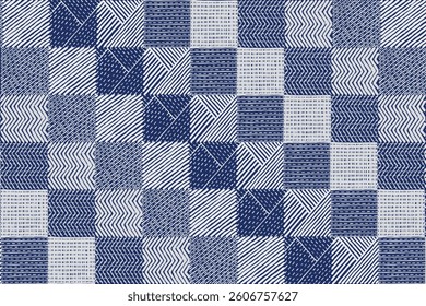 Crafted hand drawn brush lines abstract stitching check pattern, Japanese traditional embroidery, weaving textured background in white and blue, simple and humble graphic for textile, carpet