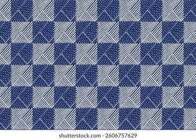 Crafted hand drawn brush lines abstract stitching check pattern, Japanese traditional embroidery, weaving textured background in white and blue, simple and humble graphic for textile, carpet