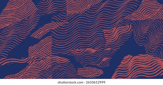 Crafted hand drawn brush lines abstract wave and water collage pattern, Japanese wood carving, engraving texture background, simple and experimental graphic for carpet, textile