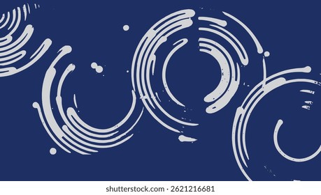 Crafted hand drawn brush lines abstract water with raindrops circle waves pattern in white and indigo blue, Japanese and ethnic wood carving, engraving texture background, minimal graphic for carpet