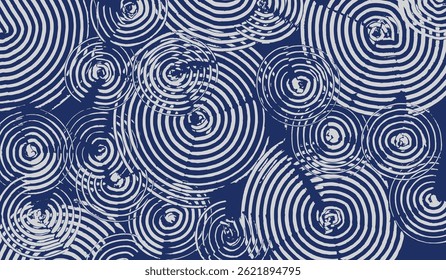 Crafted hand drawn brush lines abstract water with raindrops circle waves pattern in white and indigo blue, Japanese and ethnic wood carving, engraving texture background, minimal graphic for carpet