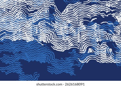 Crafted hand drawn brush lines abstract distorted waves and water glitch pattern, Japanese and ethnic experimental check, irregular graphic for textile, fashion, carpet