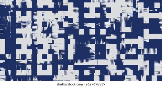 Crafted hand drawn brush lines abstract wood carving bamboo weaving stripes pattern, Japanese and ethnic tribal engraving texture background in white and blue for textile, fashion, decoration