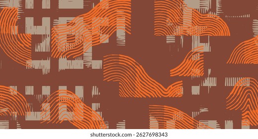 Crafted hand drawn brush lines abstract wood carving texture and geometric shapes pattern, Japanese and ethnic basketry, bamboo weaving style graphic for textile, fashion, carpet