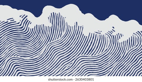 Crafted hand drawn brush lines abstract big waves in the ocean pattern, Japanese and ethnic wood carving texture background in white and blue, simple graphic for textile, carpet, decoration