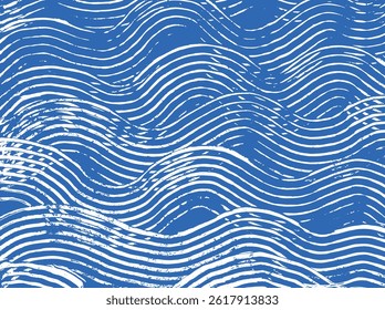 Crafted hand drawn ink brush line abstract waves pattern in white and blue, Japanese and ethnic wood carving, engraving texture surface background, minimal graphic for textile, carpet, decoration