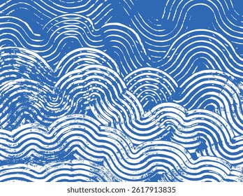 Crafted hand drawn ink brush line abstract waves pattern in white and blue, Japanese and ethnic wood carving, engraving texture surface background, minimal graphic for textile, carpet, decoration