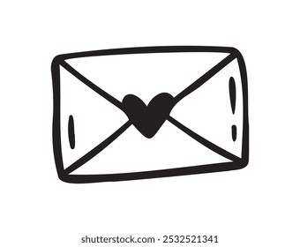 Crafted hand drawn love letter envelope with a charming heart symbol. Doodle drawing. Vector illustration