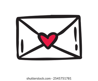 Crafted hand drawn love letter envelope with a charming heart symbol. Doodle drawing. Vector illustration