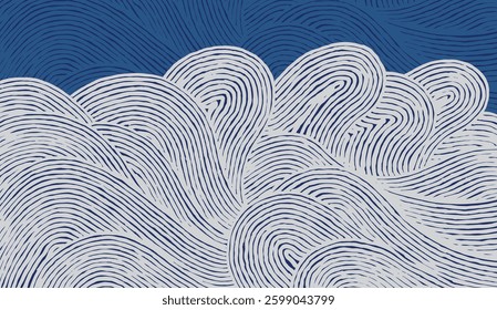 Crafted hand drawn wave brush line abstract pattern in white and indigo blue, Japanese and ethnic, tribal wood carving, block print textured surface background, simple graphic for carpet, textile