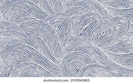 Crafted hand drawn wave brush line abstract pattern in white and indigo blue, Japanese and ethnic, tribal wood carving, block print textured surface background, simple graphic for carpet, textile