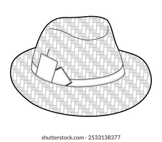 Crafted Straw Fedora Hat with band. Head Fashion accessory cap clothing technical illustration. Vector headgear for Men, women, unisex style, flat template CAD mockup sketch outline isolated