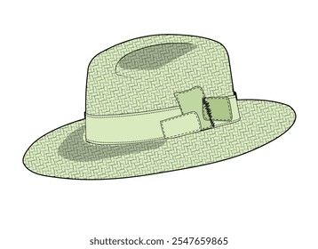 Crafted straw fedora hat technical flat design vector mockup template.