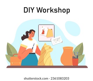 Crafting DIY workshop. Creative female character sculpting and modeling. Creative hobby or business. Free time leisure. Flat vector illustration