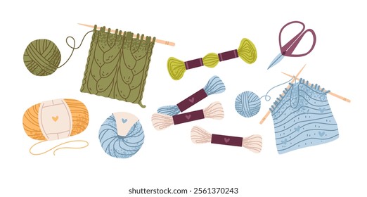 Crafting, handmade. Knitting tool with cozy yarn balls, needles, and handmade elements. A warm, leisurely hobby. Flat vector set.