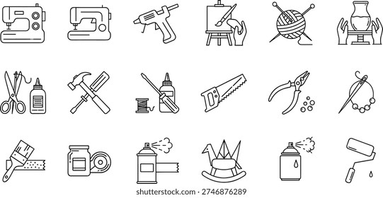 Crafting Hobbies and DIY Tools Line Art Icons Set