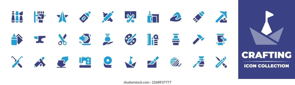 Crafting icon collection. Duotone color. Vector illustration. Containing carving, wood carving, star, crafts, rolling pin, paper crafts, clay crafting, craft, miner, anvil, scissors, pottery, pot.