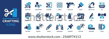 Crafting icon set. Containing DIY, craftsman, pencil, sewing, glue gun, origami, workshop, fabric, painting and more. Solid vector icons collection.