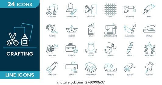 Crafting icon set. Crafting, scissors, fabric, sewing, paintbrush, origami, workshop, toolbox, yarn ball, pencil, glue gun, clamp, pottery and more. Line vector icons collection.