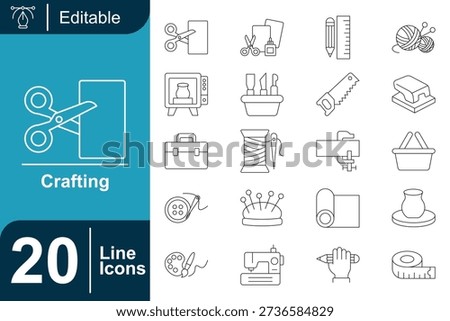 crafting icons drawn with thin outlines and rounded strokes, showing tools and handmade materials. Designed for DIY projects, tutorials, creative blogs, and craft-related user interfaces.