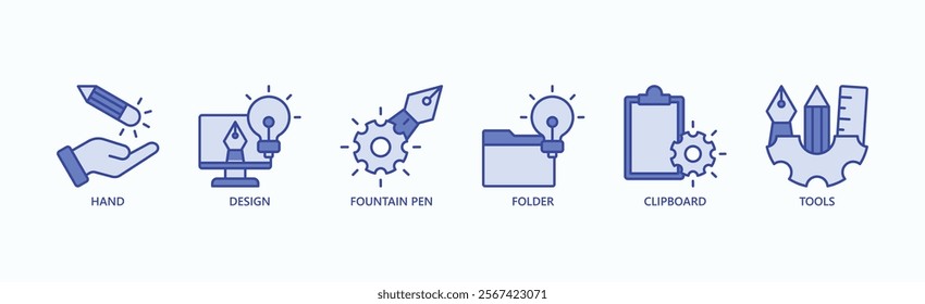 Crafting Ideas Toolkit Icon Set Isolated Vector Illustration Concept With Icon Of Hand, Design, Fountain Pen, Folder, Clipboard, Tools In Flat Style