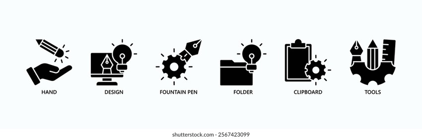 Crafting Ideas Toolkit Icon Set Isolated Vector Illustration Concept With Icon Of Hand, Design, Fountain Pen, Folder, Clipboard, Tools In Glyph Style