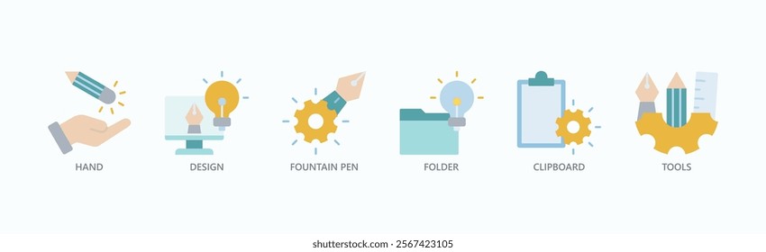 Crafting Ideas Toolkit Icon Set Isolated Vector Illustration Concept With Icon Of Hand, Design, Fountain Pen, Folder, Clipboard, Tools In Outline Color Style