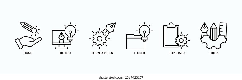 Crafting Ideas Toolkit Icon Set Isolated Vector Illustration Concept With Icon Of Hand, Design, Fountain Pen, Folder, Clipboard, Tools In Outline Style