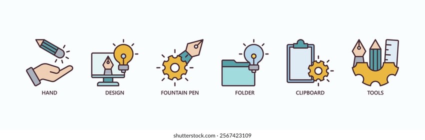 Crafting Ideas Toolkit Icon Set Isolated Vector Illustration Concept With Icon Of Hand, Design, Fountain Pen, Folder, Clipboard, Tools In Blue Style