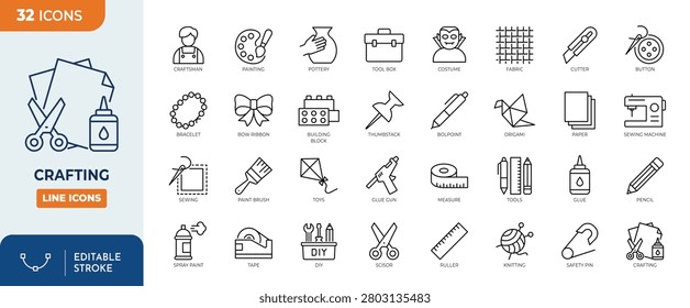 Crafting line editable icon set. Contain icons related to DIY, sewing, pencil, glue gun, origami, fabric, painting and more. editable stroke. Vector illustration