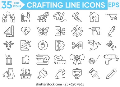 Crafting line icon set.Color palette, pin, scissors, gear, lock, paper clip,production, goods, product, management, business and more.Vector and illustrator set.