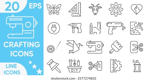 Crafting line icon set.Color palette, pin, scissors, gear, lock, paper clip,production, goods, product, management, business and more.Vector and illustrator set.