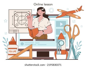 Crafting and modeling course online service or platform. Teacher learning students to craft. Aircraft modeling, sculpting and sewing. Online lesson. Flat vector illustration