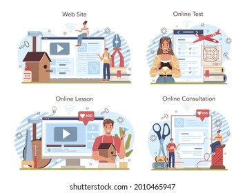 Crafting and modeling school course online service or platform set. Teacher learning students to craft. Creative hobby. Online lesson, test, consultation, website. Isolated flat vector illustration